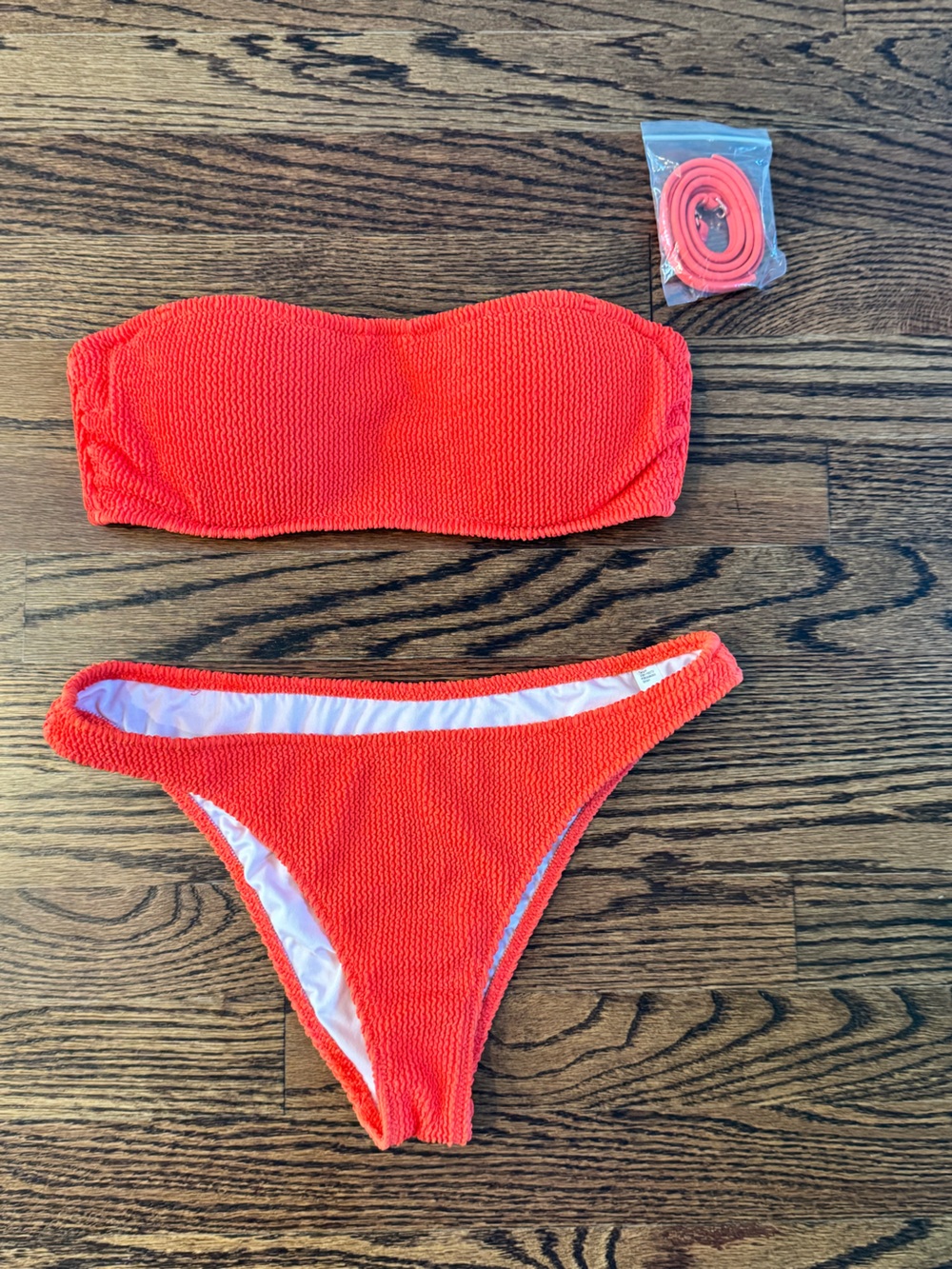 Shade & Shore bright orange crinkle ribbed bandeau bikini size small